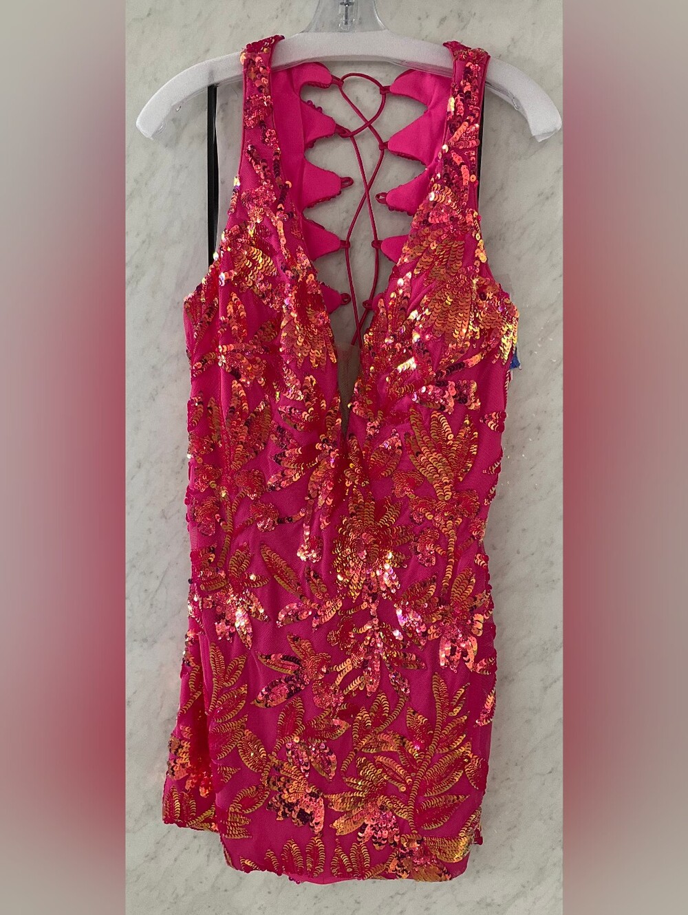 ✨ Alyce Paris Hot Pink Floral Sequin Lace-Up Mini Dress ✨